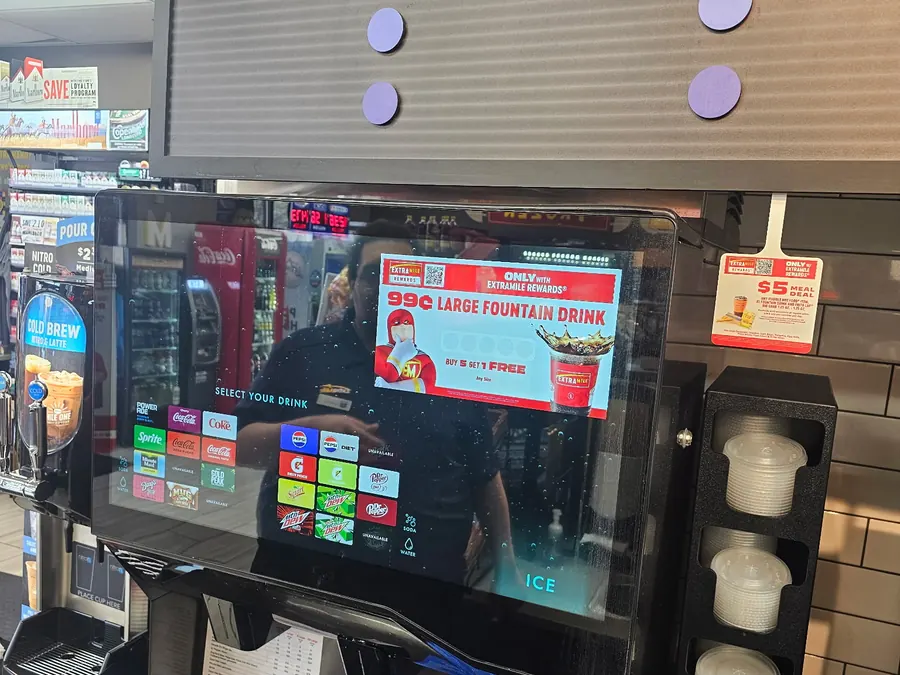 Touchscreen soda fountain and nitro cold brew unit at an ExtraMile convenience store